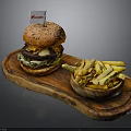 Delicious Krusty Hamburger With Beef Patty And Golden Fries On Wooden Tray