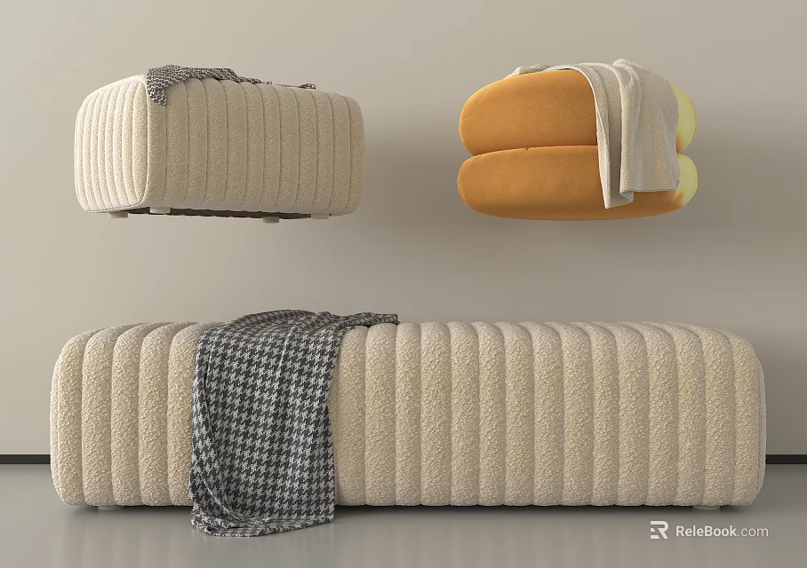 Casual Sofa Set with Beige Orange Ribbed Texture and Plaid White Blankets 3d model
