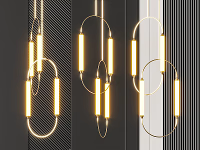 Modern Chandeliers with Geometric Circular Rings and Glowing Cylindrical Light Elements 3d model