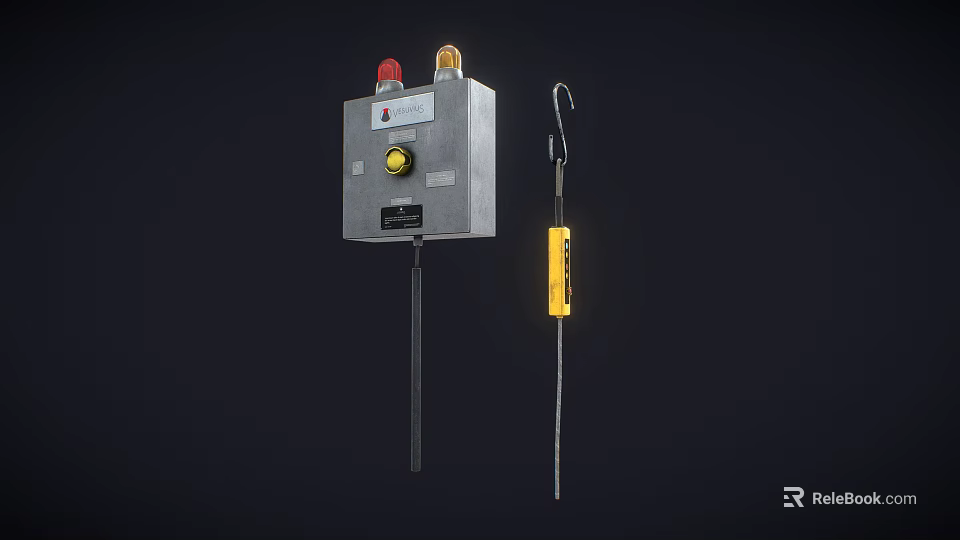 Industrial Equipment Gray Control Box With Red Yellow Indicator Lights And Yellow Hook Tool 3d model 