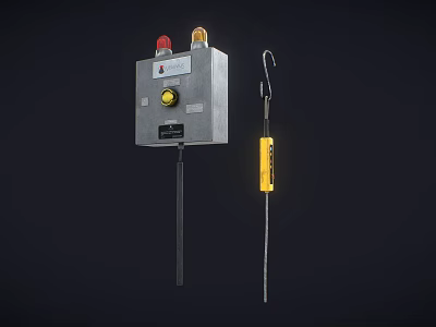 Industrial Equipment Gray Control Box With Red Yellow Indicator Lights And Yellow Hook Tool 3d model