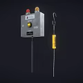 Industrial Equipment Gray Control Box With Red Yellow Indicator Lights And Yellow Hook Tool