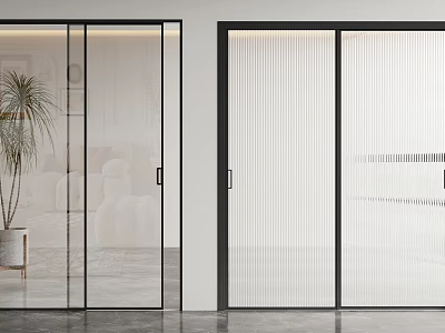 Modern Sliding Doors With Transparent And Frosted Ribbed Glass Black Frames In Interior 3d model