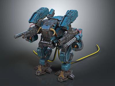 Blue Mecha Robot Character With Mechanical Armor Dual Guns And Yellow Cables 3d model