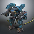 Blue Mecha Robot Character With Mechanical Armor Dual Guns And Yellow Cables
