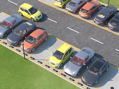 Various Colored Cars Neatly Parked In Parking Lot With Lines Grass And Street Lamp 3d model