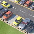 Various Colored Cars Neatly Parked In Parking Lot With Lines Grass And Street Lamp