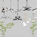 Stylish Modern Pendant Lights With Various Designs And Bulbs On Blue Background With Green Plants