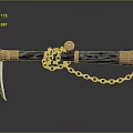Decorative Vintage Sickle With Chain And Black Wooden Handle Brass Accents