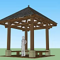 Outdoor Wooden Gazebo With Triangular Roof Columns And Person Inside