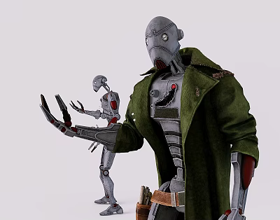 Game Movie Robot Character With Green Trench Coat Mechanical Body Tool Belt And Small Robot 3d model