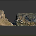 Detailed Mountainous Coastal Terrain With Path Vegetation And Blue Water