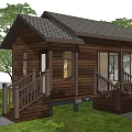 Wooden Cabin with Brown Tiled Roof Large Windows and Wooden Stairs in Green Grass