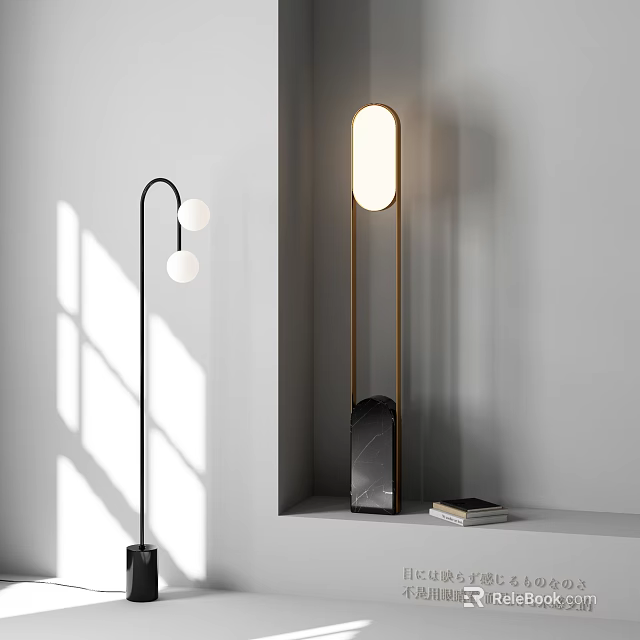 Modern Floor Lamps With Gold Stand Black Marble Base And Curved Design 3d model 