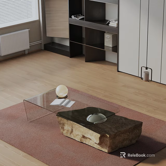 Modern Living Room Sofa Coffee Table Set With Glass And Stone Top On Red Rug 3d model 