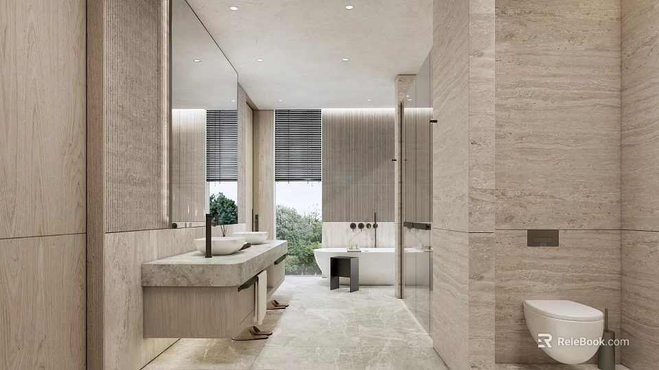Hotel Bathroom Design with Large Mirror Marble Countertops Bathtub and Natural Light 3d model 