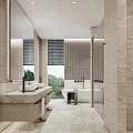 Hotel Bathroom Design with Large Mirror Marble Countertops Bathtub and Natural Light