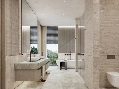 Hotel Bathroom Design with Large Mirror Marble Countertops Bathtub and Natural Light 3d model