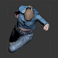 Dynamic Woman Dancing With Lifted Leg Raised Hand in Blue Top Patterned Pants Against Gray Background