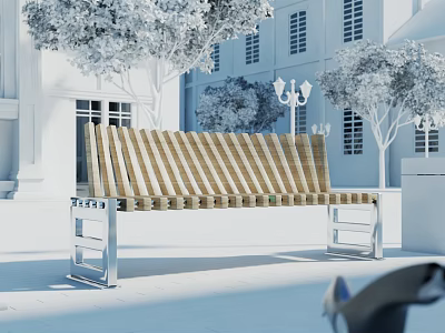 Modern Striped Landscape Bench With Metal Frame In Outdoor White Building And Trees Area 3d model