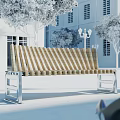 Modern Striped Landscape Bench With Metal Frame In Outdoor White Building And Trees Area