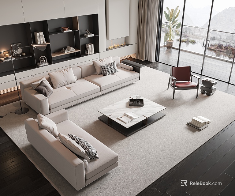 Modern Minimalist Living Room Sofa Coffee Table Set With Light Gray Upholstery And Square Table 3d model 