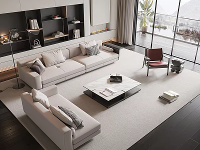Modern Minimalist Living Room Sofa Coffee Table Set With Light Gray Upholstery And Square Table 3d model