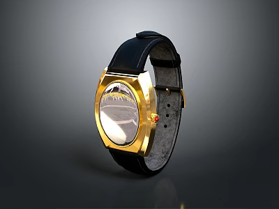 Elegant Golden Dial Watch With Black Leather Strap And Classic Design 3d model