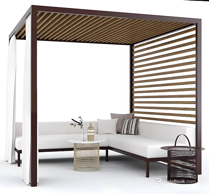 Stylish Outdoor Lounge With Wooden Slat Pergola White Sectional Sofa Rattan Coffee Table Decorative Items 3d model 