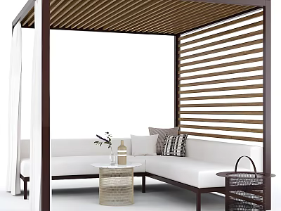 Stylish Outdoor Lounge With Wooden Slat Pergola White Sectional Sofa Rattan Coffee Table Decorative Items 3d model