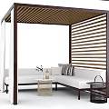 Stylish Outdoor Lounge With Wooden Slat Pergola White Sectional Sofa Rattan Coffee Table Decorative Items