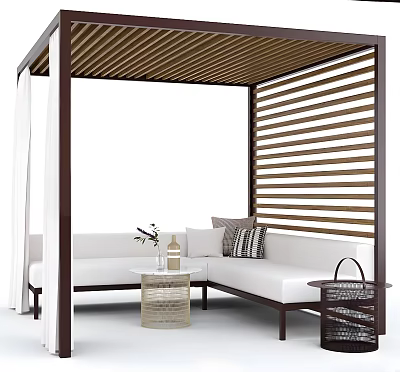 Stylish Outdoor Lounge With Wooden Slat Pergola White Sectional Sofa Rattan Coffee Table Decorative Items 3d model