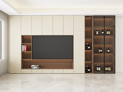 Modern Living Room Wine Cabinet Design With Glass Doors Built In Shelves And TV Wall 3d model