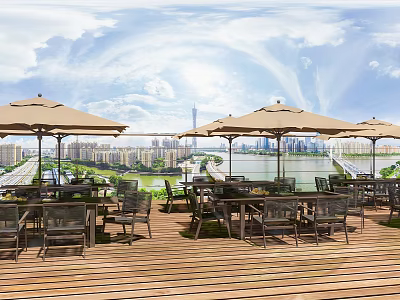 Outdoor Table Setup On Wooden Deck With Umbrellas Overlooking City View And River 3d model