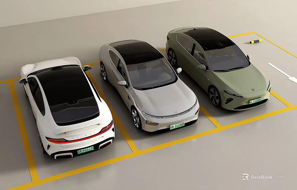 Modern Sleek Design Cars Parked In Parking Lot With White Silver And Light Green Colors 3d model 