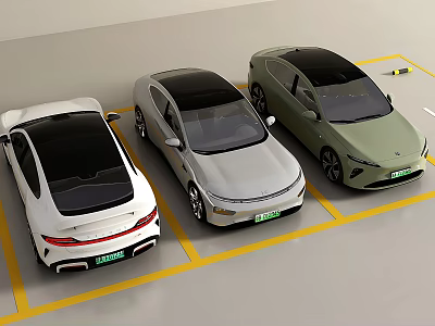 Modern Sleek Design Cars Parked In Parking Lot With White Silver And Light Green Colors 3d model