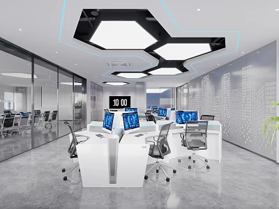 Modern Public Office Space With White Desks Black Chairs And Hexagonal Ceiling Lights 3d model