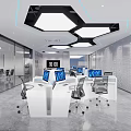 Modern Public Office Space With White Desks Black Chairs And Hexagonal Ceiling Lights