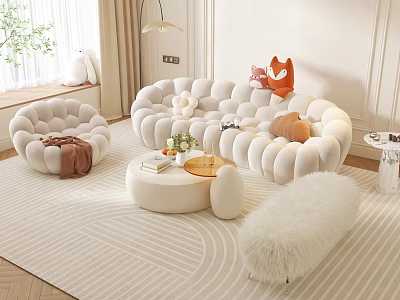 Plush White Velvet Sofa and Coffee Table Set With Striped Rug Plants and Decor Items 3d model