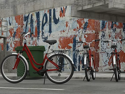 Red Bicycles Parked Alongside Colorful Graffiti Wall in Urban Area 3d model