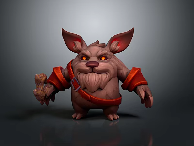 Fantasy Creature Character With Large Ears Red Eyes Whiskers And Red Arm Bands Holding Bone 3d model