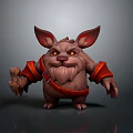 Fantasy Creature Character With Large Ears Red Eyes Whiskers And Red Arm Bands Holding Bone