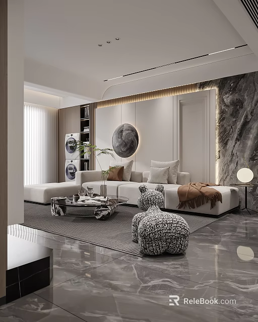 Modern Living Dining Room Interior With Sofa Coffee Table Circular Painting And Marble Wall 3d model 