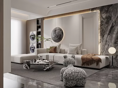 Modern Living Dining Room Interior With Sofa Coffee Table Circular Painting And Marble Wall 3d model