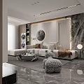 Modern Living Dining Room Interior With Sofa Coffee Table Circular Painting And Marble Wall
