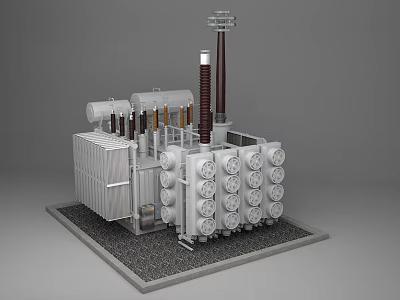 Industrial Power Transformer Equipment With Cooling Fins Insulator Columns And Control Panels 3d model