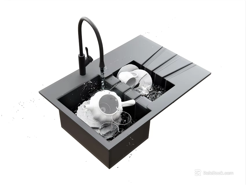 Black Double Bowl Kitchen Sink With Faucet For Washing Dishes And Water Splashing 3d model 