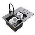 Black Double Bowl Kitchen Sink With Faucet For Washing Dishes And Water Splashing