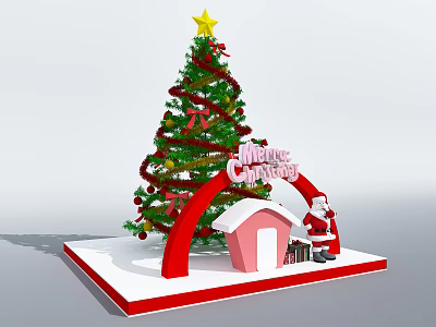 Festive Christmas Decoration Scene With Tree Star Red Arch House Santa And Gifts 3d model