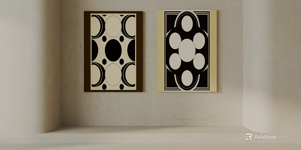 Geometric Abstract Wall Art With Black White Beige Patterns And Framed Design 3d model